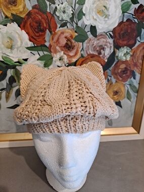 Beige Knit Cable Slouchy Cotton Beanie Hat With Ears Soft